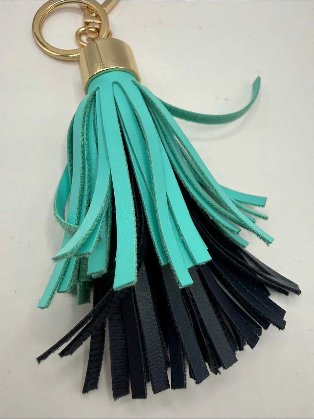 Turquoise & Black Leather Tassel Keychain with Gold-Toned Swivel Hook and Ring